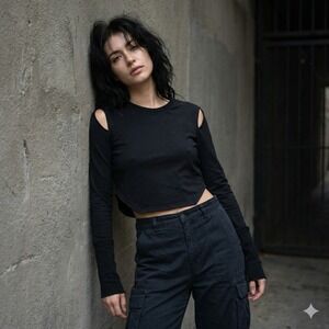 Noctex Goth Blk Long Sleeve Slit Top